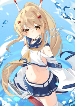 Rule 34 | 1girl, absurdres, ascot, ayanami (azur lane), ayanami (retrofit) (azur lane), azur lane, bare shoulders, blonde hair, blue sailor collar, blush, breasts, crop top, day, detached sleeves, ebichiri sunday, hair between eyes, hair ornament, headgear, high ponytail, highres, long hair, looking at viewer, midriff, milestone celebration, navel, ocean, orange eyes, outdoors, pleated skirt, ponytail, red eyes, sailor collar, school uniform, serafuku, shirt, skirt, solo, sword, thighhighs, water, watermark, weapon, white thighhighs, wide sleeves, yellow ascot