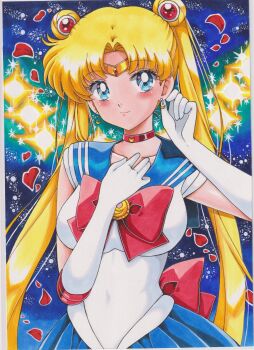 1girl absurdres back_bow bishoujo_senshi_sailor_moon blonde_hair blue_eyes blue_sailor_collar blue_skirt blush bow bowtie breasts chikoto_(kztc4472) choker closed_mouth collarbone commentary crescent crescent_earrings earrings elbow_gloves gloves hands_up highres jewelry large_breasts long_hair looking_at_viewer magical_girl parted_bangs pleated_skirt red_bow red_bowtie red_choker sailor_collar sailor_moon sailor_senshi_uniform shirt short_sleeves skirt smile solo traditional_media tsukino_usagi twintails upper_body white_gloves white_shirt
