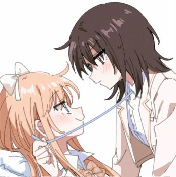 2girls blonde_hair blue_eyes blush bow brown_eyes brown_hair commentary funami_yui hair_bow hashtag-only_commentary highres long_hair medium_hair mirabilite0318 multiple_girls shirt simple_background smile toshinou_kyouko white_background white_bow white_shirt yuri yuruyuri