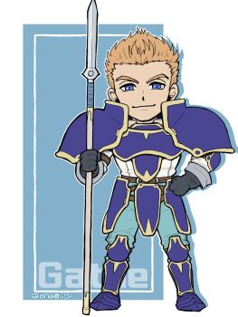 1boy aonagimay armor blue_armor blue_eyes character_name closed_mouth commentary_request deformed fire_emblem fire_emblem:_path_of_radiance full_body gatrie_(fire_emblem) highres holding holding_polearm holding_weapon looking_at_viewer male_focus nintendo polearm solo weapon