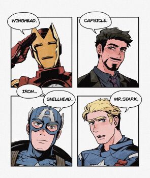 2boys armor avengers_(series) black_hair black_jacket black_shirt blonde_hair blue_bodysuit blue_eyes bodysuit border brown_eyes captain_america closed_mouth collared_shirt covered_collarbone english_text facial_hair formal_clothes gloves hand_up helmet highres hood hooded_bodysuit iron_man jacket lapels looking_at_viewer male_focus marvel multicolored_armor multiple_boys multiple_views necktie open_clothes open_jacket open_mouth polka_dot_necktie purple_necktie red_armor red_gloves shield shield_on_back shirt short_hair simple_background smile speech_bubble star_(symbol) steve_rogers superhero_costume teeth tony_stark upper_body weibo_7899261198 white_background white_border yellow_armor