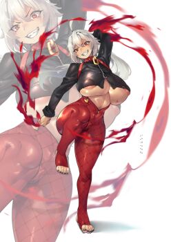 1girl ahoge areola_slip body_writing breasts cameltoe collar commission english_text feet fire full_body grin hair_between_eyes huge_breasts jacket leg_up midriff nail_polish narrow_waist nipples original pantyhose pyrokinesis red_eyes revealing_clothes sharp_teeth silver_hair skin_tight smile standing standing_on_one_leg tamada_heijun teeth thighs toenail_polish toenails underboob zipper