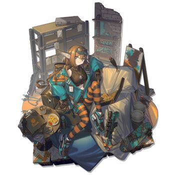 1girl aciddrop_(afternoon_teatime)_(arknights) aciddrop_(arknights) ahoge animal_ears arknights bird bird_ears black_gloves blue_eyes brown_hair crop_top cup food full_body gloves goggles goggles_on_head highres jacket jewelry lanzi_(415460661) long_hair looking_at_viewer midriff necklace official_alternate_costume official_art orange_pantyhose pantyhose pizza pizza_box plate shoes sitting skateboard smile sneakers solo striped_clothes striped_pantyhose table transparent_background