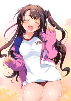 Rule 34 | 1girl, :d, blush, brown hair, buruma, closed eyes, commentary request, cowboy shot, facing viewer, fangs, gym uniform, highres, idolmaster, idolmaster cinderella girls, inoue sora, jacket, long hair, name tag, one side up, open clothes, open jacket, open mouth, shimamura uzuki, signature, smile, track jacket