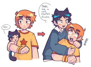 ! 2boys animal_ears black_hair blue_sweater blush cat_boy cat_ears cat_tail coffeish44 commentary cowlick english_commentary english_text highres kemonomimi_mode male_focus mini_person miniboy multiple_boys open_mouth orange_hair scott_pilgrim scott_pilgrim_(series) shirt short_hair simple_background speech_bubble star_(symbol) star_print surprised sweatdrop sweater tail thick_eyebrows wallace_wells white_background wide-eyed wristband yaoi yellow_shirt