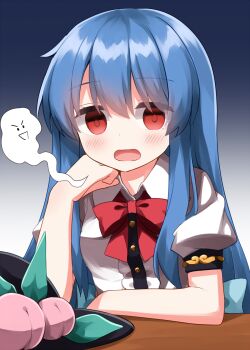 1girl black_hat blue_background blue_hair blush bow bowtie collared_shirt commentary_request completion_time dot_nose empty_eyes gradient_background hair_between_eyes hat head_rest highres hinanawi_tenshi long_hair looking_at_viewer open_mouth peach_hat_ornament puff_of_air red_bow red_bowtie ruu_(tksymkw) shirt short_sleeves solo touhou unworn_hat unworn_headwear upper_body white_shirt