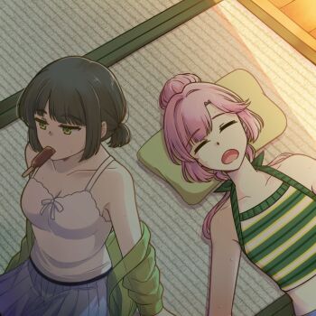 2girls alternate_hairstyle anyoji_hime anyoji_hime_(sleepover_at_ginko&#039;s) bare_shoulders black_hair blue_skirt breasts camisole cardigan cardigan_partially_removed cleavage collarbone commentary_request d: food food_in_mouth green_cardigan green_shirt hair_bun halter_shirt halterneck link!_like!_love_live! love_live! low_ponytail lying medium_breasts midriff miniskirt momose_ginko momose_ginko_(sleepover_at_ginko&#039;s) mouth_hold multiple_girls official_alternate_costume on_back open_mouth pleated_skirt ponytail popsicle popsicle_in_mouth potatopenggu see-through_cardigan see-through_clothes shirt short_hair short_sleeves sidelocks single_hair_bun sitting skirt striped_clothes striped_shirt tatami virtual_youtuber