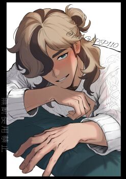 1boy arven_(pokemon) black_border blue_eyes blue_pants blush border brown_hair commentary_request denim grey_background highres jeans long_sleeves looking_at_viewer male_focus medium_hair medium_sideburns multicolored_hair nintendo one_eye_covered pants parted_bangs parted_lips pokegpp110 pokemon pokemon_sv sideburns simple_background smile solo streaked_hair sweater twitter_username white_sweater