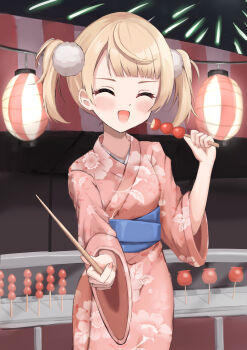 1girl :d absurdres aerial_fireworks alternate_costume amazora_haruki blonde_hair blue_sash blunt_bangs blush candy_apple closed_eyes commentary_request fireworks floral_print floral_print_kimono food food_stand hair_ornament highres holding holding_food holding_stick indie_virtual_youtuber japanese_clothes kimono lantern long_sleeves obi open_mouth paper_lantern pom_pom_(clothes) pom_pom_hair_ornament print_kimono sash shigure_ui_(vtuber) shigure_ui_(vtuber)_(young) short_hair side_part smile solo stick summer_festival twintails virtual_youtuber wide_sleeves yukata