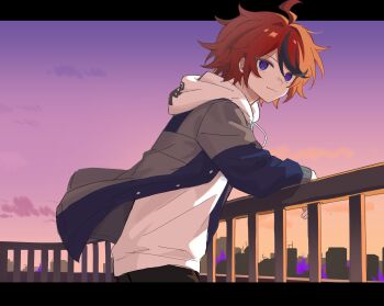 Rule 34 | 1boy, ahoge, black hair, black pants, blue eyes, blue jacket, closed mouth, cloud, cowboy shot, drawstring, dusk, fire, grey jacket, hand on railing, highres, hood, hood down, hoodie, jacket, jacket over hoodie, long sleeves, male focus, multicolored hair, multicolored jacket, open clothes, open jacket, outdoors, outside border, pants, purple fire, railing, red hair, sanpaku, short hair, sky, smile, solo, streaked hair, sumino takumi, the hundred line -last defense academy-, two-tone hair, two-tone jacket, utopian0726, white hoodie