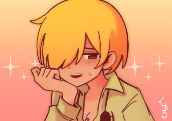 1boy :d blonde_hair blush brown_eyes collared_shirt commentary_request cowlick dark-skinned_male dark_skin earbuds earphones eyebrows_hidden_by_hair gradient_background green_shirt hair_over_one_eye half-closed_eye hand_on_own_cheek hand_on_own_face hand_up highres jitome long_sleeves looking_at_viewer male_focus mikhael_(omori) omori one_eye_covered open_mouth orange_background portrait puffy_long_sleeves puffy_sleeves raised_inner_eyebrows red_background shirt short_hair simple_background smile solo sparkle_background sparse_chest_hair sweatdrop teeth translation_request upper_teeth_only yu_kuli