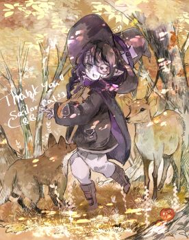 1girl absurdres ame_sato black_hair black_jacket bone bow bowtie braid cartoon_bone chipmunk colored_skin commission commissioner_upload deer eyepatch flat_chest forest fox full_moon grey_skin hair_over_one_eye hat highres jacket long_sleeves monster_girl moon nature necromancer non-web_source original pants pointy_ears puffy_long_sleeves puffy_sleeves purple_bow purple_bowtie single_braid skeb_commission skeletal_arm skeletal_hand solo squirrel stapled stapled_face undead valkrana white_pants witch_hat wizard