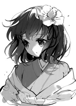 1girl dot_nose floating_hair flower greyscale hair_ornament hieda_no_akyuu highres japanese_clothes kimono looking_to_the_side medium_hair monochrome portrait simple_background solo suna_(s73d) tassel tassel_hair_ornament touhou turning_head