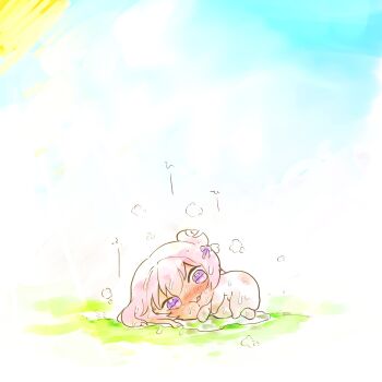 1girl blush commentary_request doro_(nikke) goddess_of_victory:_nikke highres hot lying pink_hair purple_eyes short_hair steam sun sweat sweatdrop wada_chakuchiten