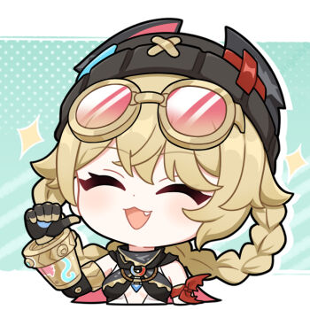 1girl blonde_hair braid chibi commentary_request eyewear_on_head fang genshin_impact gloves goggles goggles_on_head hair_rings hat jahoda_(genshin_impact) jiu_fanglianhua mechanical_arms open_mouth pointing_with_thumb single_mechanical_arm smile solo tinted_eyewear