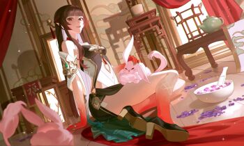 1girl animal architecture artist_name bare_shoulders brown_hair chinese_clothes colored_extremities commentary detached_sleeves dutch_angle east_asian_architecture english_commentary fingernails full_body gold_nails hair_ornament high_heels highres honkai:_star_rail honkai_(series) indoors lingsha_(honkai:_star_rail) long_fingernails long_hair looking_at_viewer mortar_(bowl) on_floor parted_lips pestle petting pointy_ears pump pumps red_eyes scales shoe_soles sitting solo table teapot watermark window xiisalt yokozuwari