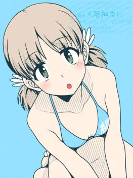 Rule 34 | 1girl, aki (girls und panzer), bikini, blonde hair, blue bikini, blush, breasts, collarbone, from above, girls und panzer, green eyes, looking at viewer, navel, oosaka kanagawa, open mouth, short hair, simple background, small breasts, solo, swimsuit, twintails, white background