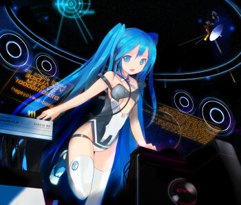 1girl :d alternate_costume bad_id bad_pixiv_id bare_shoulders blue_eyes blue_hair cameltoe detached_collar female_focus floating_screen h016 hatsune_miku headphones long_hair looking_at_viewer matching_hair/eyes open_mouth satellite smile solo space star_(sky) strap_slip thighhighs twintails very_long_hair vocaloid voyager white_thighhighs