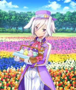 1girl animal_ears badge basket blue_flower blue_sky bow closed_mouth cloud cowboy_shot day diagonal-striped_bow diagonal-striped_ribbon diamond_print dot_nose easter easter_egg egg flower flower_bed formal_clothes game_cg gloves grass hat hat_bow hat_ribbon holding holding_basket itomi_sayaka looking_at_viewer lop_rabbit_ears nature neck_ribbon official_art orange_flower outdoors pants path pink_bow pink_flower print_pants purple_bow purple_eyes purple_flower purple_hair purple_hat purple_pants purple_ribbon purple_suit rabbit_ears red_flower ribbon road sky smile solo striped_bow striped_clothes striped_pants suit third-party_source toji_no_miko toji_no_miko:_kizamishi_issen_no_tomoshibi tree vertical-striped_clothes vertical-striped_pants vertical-striped_ribbon white_flower white_gloves wicker_basket yellow_flower