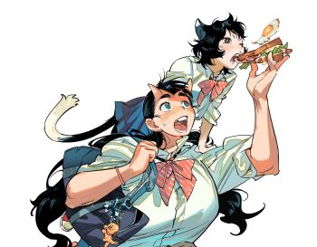 Rule 34 | 2girls, animal ears, atie1225, bag, black hair, bow, bowtie, brown eyes, cat ears, cat girl, charm (object), chipped tooth, dungeon meshi, food, food theft, fried egg, highres, horns, inutade, izutsumi, long hair, multiple girls, oni, open mouth, sandwich, school uniform, shirt, simple background, skin-covered horns, upper body, white background, white shirt