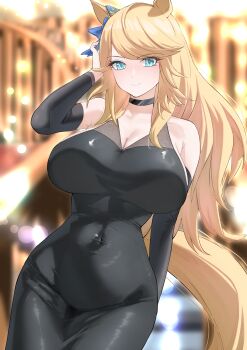 1girl absurdres alternate_costume animal_ears aqua_eyes arm_behind_back bare_shoulders black_choker black_dress blonde_hair blurry blurry_background blush breasts choker closed_mouth commentary_request commission covered_navel dress gold_city_(umamusume) hair_ornament highres horse_ears horse_girl horse_tail huge_breasts katagiri_nanoka long_hair looking_at_viewer pixiv_commission smile solo tail umamusume