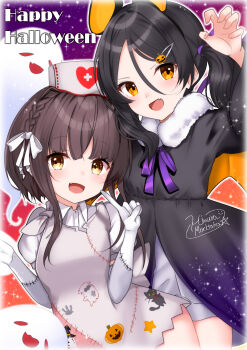 2girls absurdres animal_ears bat_ears black_dress black_hair brown_eyes brown_hair dress fang food-themed_hair_ornament hair_ornament halloween halloween_costume happy_halloween hat highres himura_moritaka inagi_(halloween)_(kancolle) inagi_(kancolle) kantai_collection long_hair loose_hair_strand multiple_girls nurse nurse_cap official_alternate_costume orange_eyes patchwork_clothes pumpkin_hair_ornament short_hair short_hair_with_long_locks sidelocks skin_fang twintails ukuru_(halloween)_(kancolle) ukuru_(kancolle)