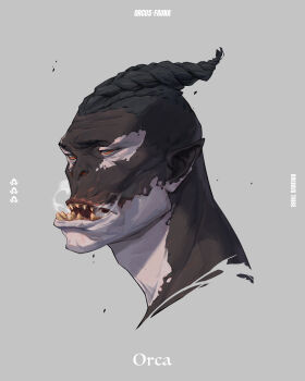 1boy absurdres braid character_name colored_skin commentary english_commentary grey_background highres male_focus monster_boy multicolored_skin orc orca_boy original patrick_ganas pointy_ears portrait red_eyes sharp_teeth simple_background solo teeth two-tone_skin