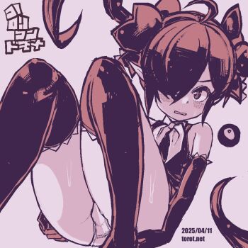 1girl ahoge ass backbeako_(torotei) backbeard blush commentary dated dated_commentary dress elbow_gloves feet_out_of_frame gegege_no_kitarou gloves hair_over_one_eye hair_ribbon hands_on_own_ass kono_lolicon_domome loli long_hair looking_at_viewer monochrome neckerchief one_eye_closed original paid_reward_available panties parted_lips pink_background pink_theme pointy_ears ribbon simple_background sitting sleeveless sleeveless_dress solo sweat thighhighs torotei translated twintails underwear very_long_hair watermark web_address