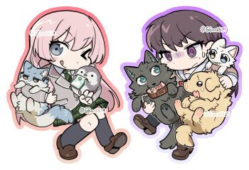 Rule 34 | > o, 2girls, animalization, bang dream!, bang dream! it's mygo!!!!!, bird, black hair, black socks, brown shoes, carton, cat, chibi, diagonal-striped clothes, diagonal-striped necktie, dog, green necktie, green skirt, grey eyes, grey jacket, guagua977, hanasakigawa school uniform, haneoka school uniform, jacket, kaname raana, kneehighs, licking lips, long hair, long sleeves, looking at viewer, misumi uika, multiple girls, necktie, one eye closed, outline, penguin, pink hair, pink outline, plaid clothes, plaid skirt, pleated skirt, purple eyes, purple outline, raana the cat, school uniform, shiina taki, shoes, simple background, skirt, socks, striped clothes, takamatsu tomori, togawa sakiko, tongue, tongue out, white background, yahata umiri