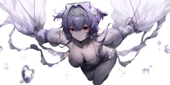 1girl absurdres alternate_breast_size_(larger) breasts commentary_request detached_sleeves goddess_of_victory:_nikke hair_between_eyes hair_intakes hanbok625 highres jellyfish_girl large_breasts leotard liberalio_(nikke) pantyhose purple_hair red_eyes short_hair_with_long_locks short_twintails sleeves_past_fingers sleeves_past_wrists solo twintails white_background white_leotard white_pantyhose white_sleeves wire
