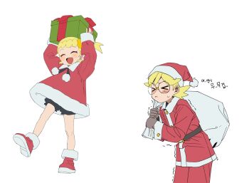 >_< 1boy 1girl :d absurdres alternate_costume arms_up black_shorts blonde_hair blush bonnie_(pokemon) box brother_and_sister clemont_(pokemon) closed_eyes closed_mouth coat commentary_request gift gift_box glasses gloves hat highres holding holding_gift holding_sack jacket knees korean_commentary long_sleeves nintendo open_mouth pants pokemon pokemon_xy pokesudal red_coat red_hat red_jacket red_pants red_shoes round_eyewear sack santa_hat shoes shorts siblings sleeves_past_wrists smile trembling white_background