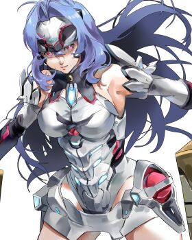 1girl 4me3ba_niku android armored_leotard armpits bare_shoulders blue_hair breasts bright_pupils closed_mouth commentary cowboy_shot curtained_hair floating_hair headgear highleg highleg_leotard highres kos-mos kos-mos_re: large_breasts leotard long_hair looking_at_viewer outstretched_arms pink_eyes simple_background solo white_background white_leotard white_pupils xenoblade_chronicles_(series) xenoblade_chronicles_2