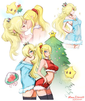 2girls alternate_costume artist_name back-to-back bare_shoulders black_thighhighs blonde_hair blue_dress breasts brooch christmas_tree closed_mouth commentary crop_top crown dated dress earrings english_commentary hair_over_one_eye highres jewelry kiss long_hair looking_at_another luma_(mario) mario_(series) metroid metroid_(creature) mina_cream mistletoe multiple_girls multiple_views nintendo ponytail red_shorts rosalina samus_aran shorts sketch star_(symbol) star_brooch star_earrings thighhighs white_background yuri