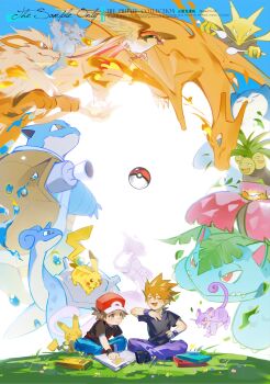 Rule 34 | 2boys, absurdres, alakazam, arcanine, baseball cap, bird, black shirt, blastoise, blue oak, blue pants, blush, book, brown eyes, brown hair, cannon, charizard, closed eyes, closed mouth, exeggutor, fei yu, field, flower, gen 1 pokemon, grass, hat, highres, holding, holding spoon, jewelry, lapras, legendary pokemon, mewtwo, multiple boys, multiple rings, nintendo, open mouth, pants, pidgeot, pikachu, plant, pointing, poke ball, poke ball (basic), pokemon, pokemon (creature), pokemon frlg, purple pants, rattata, red (pokemon), red hat, rhyhorn, ring, shirt, short hair, short sleeves, sitting, smile, snorlax, spiked hair, spoon, turtle, venusaur, wings, wristband