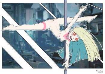 1girl :d artificial_eye artist_name ass barefoot blurry blurry_background border breasts colored_sclera colored_skin commentary completely_nude cyberpunk_(series) cyberpunk:_edgerunners english_commentary game_screenshot_background green_hair highres holding holding_pole leg_tattoo loli mechanical_eye neck_tattoo nipples nude open_mouth pointing pointing_up pole pole_dancing rebecca_(cyberpunk) red_eyes red_sclera screenshot_background small_breasts smile solo stripper_pole tattoo triplevexx watermark web_address white_border white_skin