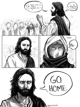 2boys anachronism beard closed_mouth commentary english_commentary english_text facial_hair gaelnolesabe glowing glowing_eyes greyscale hand_up highres hood hood_up jesus long_sleeves looking_at_viewer microphone monochrome multiple_boys original people preaching robe twitter_username wide-eyed