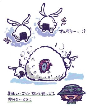 1girl anger_vein brown_hair chibi food foodification green_hat hat kirby_(series) kirby_and_the_forgotten_land nanami_(13mimi) neichel_(kirby) nintendo onigiri smile sparkle spoilers star-crossed_world starry_(kirby) translation_request