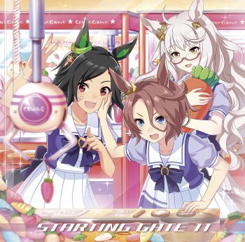 3girls ahoge album_cover animal_ears bandaid bandaid_on_cheek bandaid_on_face biwa_hayahide_(umamusume) black_hair blue_eyes blush bnw_(umamusume) bow bowtie breasts brown_hair collarbone cover crane_game glasses grey_hair hair_between_eyes hair_ornament hairclip hand_on_another's_cheek hand_on_another's_face highres horse_ears horse_girl horse_tail long_hair medium_breasts multiple_girls narita_taishin_(umamusume) official_art open_mouth pleated_skirt puffy_short_sleeves puffy_sleeves purple_bow purple_bowtie purple_shirt red-framed_eyewear sailor_collar sailor_shirt school_uniform semi-rimless_eyewear shirt short_hair short_sleeves skirt small_breasts smile stuffed_carrot swept_bangs tail thighhighs third-party_source tracen_school_uniform umamusume under-rim_eyewear white_sailor_collar white_skirt white_thighhighs winning_ticket_(umamusume) yellow_eyes