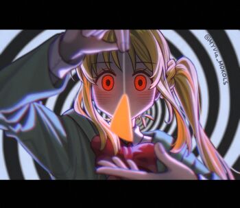 1girl ahoge blonde_hair blurry bocchi_the_rock! bow detached_ahoge holding holding_pendulum hypnosis hypnotizing_viewer ijichi_nijika letterboxed mind_control myvia_mokols pendulum red_bow red_eyes ringed_eyes shirt side_ponytail sidelocks solo spiral_background twitter_username white_shirt