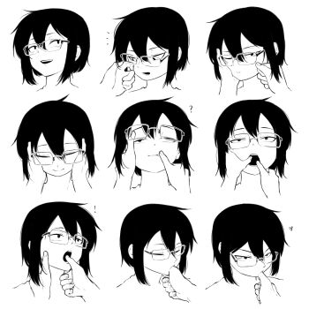 Rule 34 | !, 1girl, 1other, ?, caressing cheek, closed eyes, commentary, english commentary, finger in another's mouth, glasses, hand on another's cheek, hand on another's face, hands on another's cheeks, hands on another's face, heart, highres, monochrome, one eye closed, original, pov adoring, yblndr