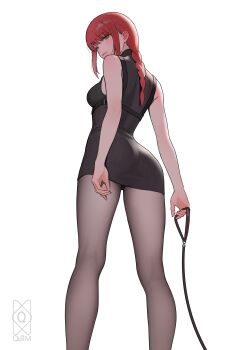 1girl absurdres alternate_costume ass black_pantyhose braid braided_ponytail breasts chainsaw_man closed_mouth commentary cropped_legs dress english_commentary highres holding holding_leash large_breasts leash long_hair looking_at_viewer looking_back makima_(chainsaw_man) pantyhose pov quilm red_hair sidelocks simple_background solo standing viewer_on_leash white_background white_dress yellow_eyes