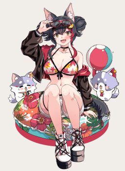 1girl akiyama_mio animal_ear_fluff animal_ears ball beachball bikini black_hair black_jacket blush breasts cleavage commentary_request eyewear_on_head floral_bikini hair_bun hair_ornament hairclip highres hololive jacket large_breasts long_hair looking_at_viewer multicolored_hair official_alternate_costume ookami_mio ookami_mio_(hololive_summer_2019) open_mouth red_streaks shorts smile streaked_hair sunglasses swimsuit tail thigh_strap virtual_youtuber white_bikini white_shorts wolf_ears wolf_girl wolf_tail wpotion yellow_eyes