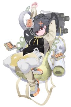 1girl absurdres arm_behind_head arm_up bodysuit breasts closed_mouth commentary computer_keyboard cororatan english_commentary full_body grey_hair hair_ornament highres leg_warmers long_hair looking_at_viewer medium_breasts original plump red_eyes shoes smile sneakers solo stretching thumb_hole_sleeves white_background