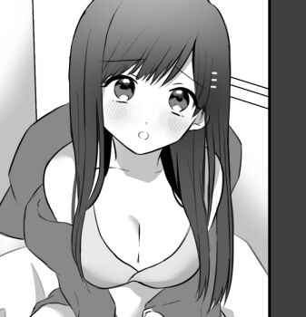1girl blush breasts cleavage greyscale hair_ornament hairclip long_hair looking_at_viewer medium_breasts monochrome open_mouth pirorr solo sophia_esteed star_ocean star_ocean:_till_the_end_of_time