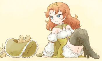 Rule 34 | 1girl, 4ma4ma5ma, black thighhighs, cape, cat, closed mouth, commentary request, curly hair, dragon quest, dragon quest vii, dress, full body, hat, long hair, maribel (dq7), simple background, skirt, smile, solo, thighhighs, white skirt