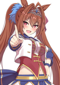 Rule 34 | 1girl, animal ears, blush, bodice, breasts, brown hair, commentary request, corset, cropped jacket, daiwa scarlet (umamusume), fang, hair between eyes, hair intakes, hand on own hip, highres, horse ears, horse girl, index finger raised, jacket, large breasts, long hair, looking at viewer, midriff peek, nanao (naoekaki25), navel, open mouth, red corset, red eyes, shirt, simple background, smile, solo, starting future (umamusume), tiara, twintails, umamusume, very long hair, white background, white jacket, white shirt, wristband