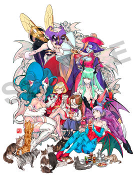 6+girls animal_ears animal_hands animal_print anita_(darkstalkers) arthropod_girl bat_print bat_wings big_hair blonde_hair blue_eyes blue_hair blue_skin b.b._hood capcom cat cat_ears cat_tail claws colored_skin demon_girl felicia_(darkstalkers) green_hair highres hime_cut jiangshi hsien-ko lilith_(darkstalkers) long_hair morrigan_aensland multiple_girls nishimura_kinu official_art pantyhose purple_hair q-bee sample_watermark short_hair tail tea tea_set too_many too_many_cats darkstalkers watermark white_background wings yellow_eyes