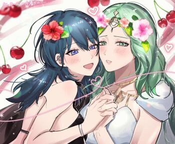 2girls bare_shoulders bikini black_bikini black_cape blue_eyes blue_hair blush breasts cape cherry female_byleth_(fire_emblem) female_byleth_(summer)_(fire_emblem) fire_emblem fire_emblem:_three_houses fire_emblem_heroes flower food fruit green_eyes green_hair hair_flower hair_ornament heart hibiscus highres holding_hands jewelry large_breasts long_hair looking_at_viewer multiple_girls necklace nintendo official_alternate_costume open_mouth red_flower rhea_(fire_emblem) rhea_(summer)_(fire_emblem) smile swimsuit tani11a upper_body white_bikini