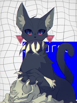 abstract_background absurdres animal animal_ear_fluff animal_skull bone cat character_name claws collar commentary earrings grid highres jewelry looking_at_viewer no_humans scourge_(warrior_cats) skull tail the_prophecies_begin tosakagi translation_request warrior_cats