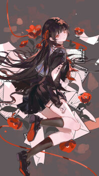 1girl absurdres arm_cutout black_choker black_hair black_shirt black_shoes black_skirt black_socks chinese_commentary chisa_(wuthering_waves) choker closed_mouth clothing_cutout commentary_request flower from_side hair_ribbon highres long_hair long_sleeves looking_at_viewer looking_to_the_side mole mole_under_eye paper red_eyes red_flower red_ribbon ribbon sailor_collar san_zui_xiaolian_mo shirt shoes skirt smile socks solo tacet_mark_(wuthering_waves) thigh_strap very_long_hair white_sailor_collar wuthering_waves